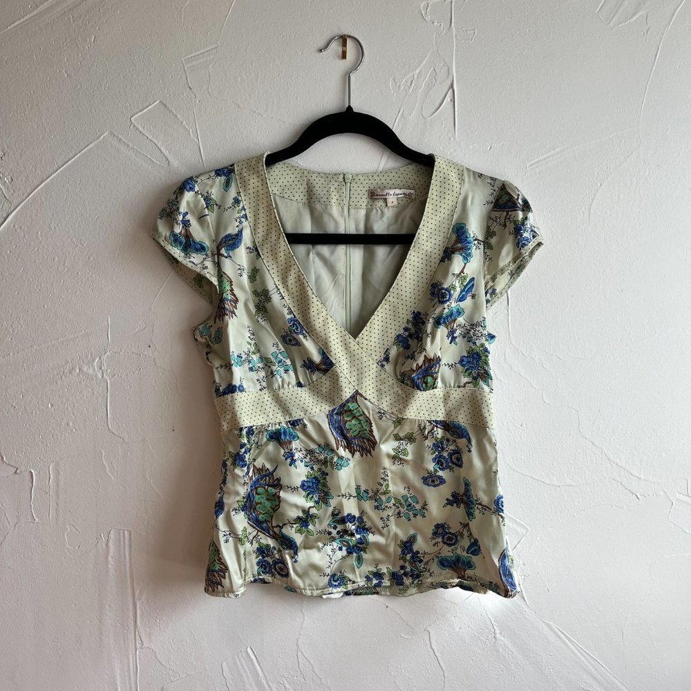 Vintage Nanette Lepore Green and Blue Patterned Silk V-Neck